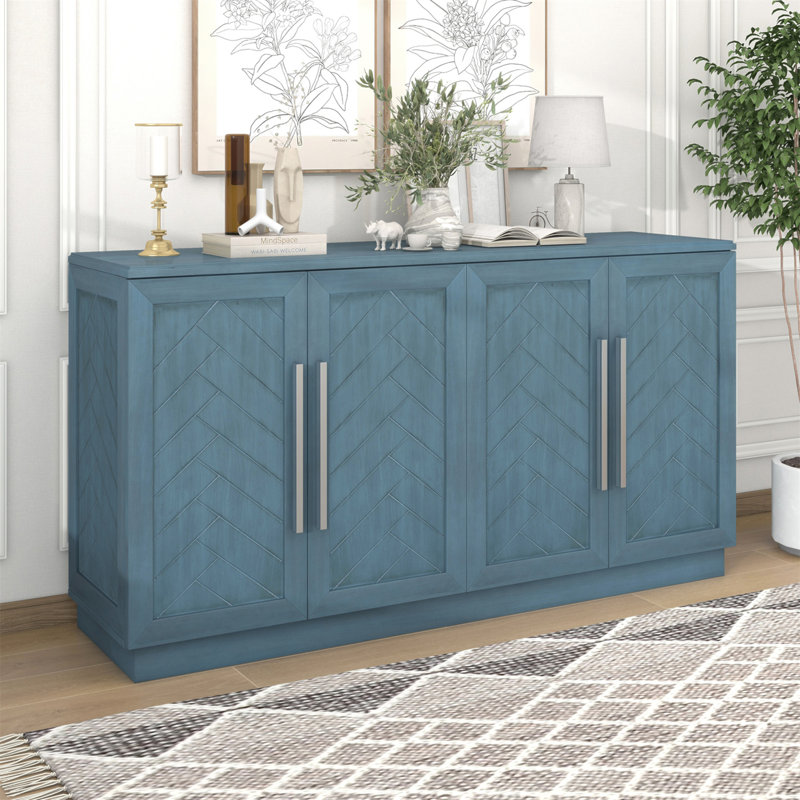 Elegant 4-Door Sideboard With Large Storage And Adjustable Shelves For Versatile Home Use, Antique Blue