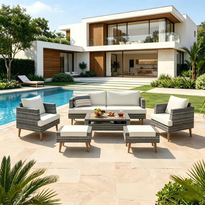 6-Piece Outdoor Rattan Sofa Set with Wood Table & Dual Cushions