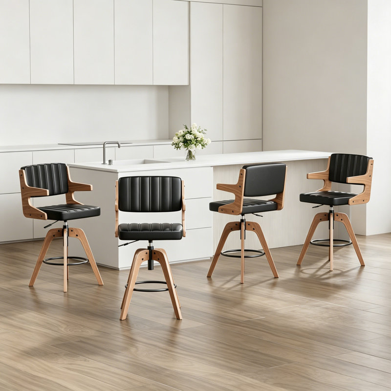Adjustable Height Swivel Faux Leather Bar Stools (Set of 4), Black, 4