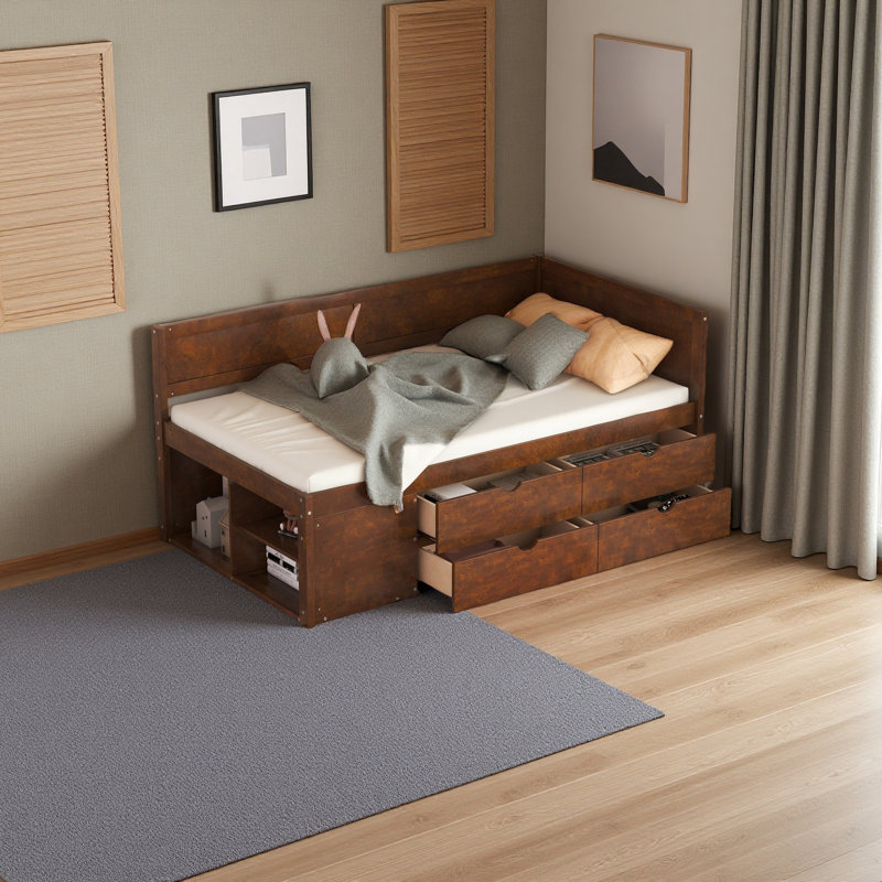 Lit de jour avec tiroirs et tablettes, Lit simple, Noyer