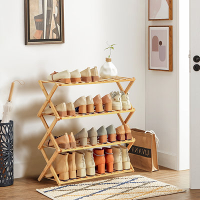 4 Tiers 16 Pairs Bamboo Folding Shoe Rack, Storage Organizer Stand for Entryway, Installation-Free
