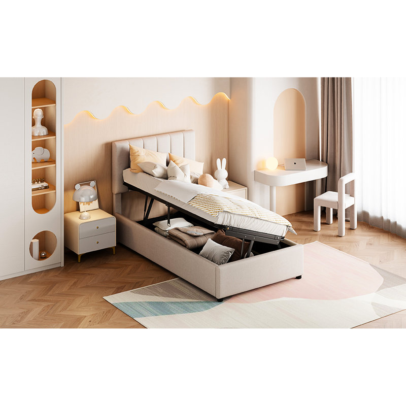 Lit de rangement hydraulique simple avec touche moderne rembourrée et structure beige