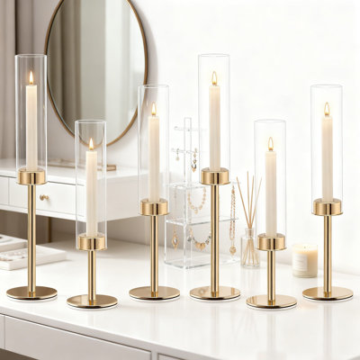 Set Of 6 Gold Hurricane Candle Holders, Tall Windproof Metal And Glass Taper Candleholders For Outdoor And Indoor Table Centerpieces, Weddings, Christmas, Parties, And Fireplace Decor