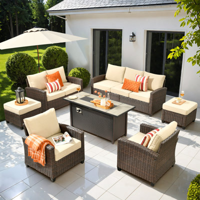7 - Person Outdoor Conversation Set, Wicker Patio Sofa & Chair Set with Cushions