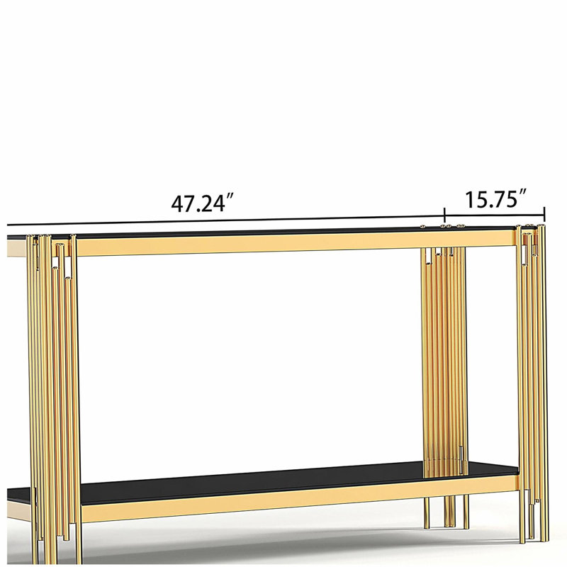 Console supérieure et inférieure en verre trempé à double couche et cadre en acier inoxydable à finition miroir, Noir, Doré