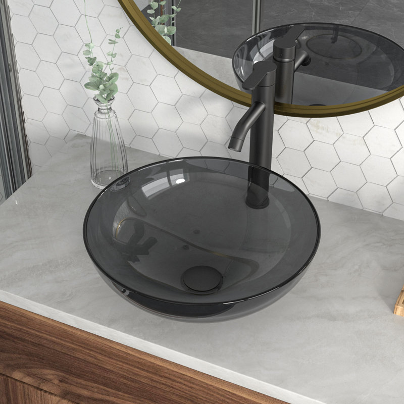 Mocoloo 15"L x 15"W Tempered Glass Bathroom Vessel Sink Brown Round Glass Artistic Bathroom Sink with Pop-up Drain, Gray