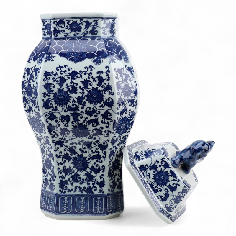 Blue and White Hexagonal Jar with Lid