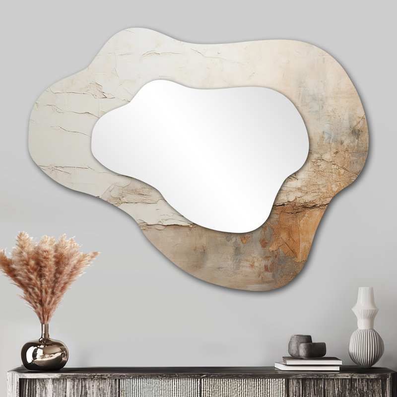 Beige And Brown Paint Fusion - Abstract Painting Modern Wall Mirror In Asymmetrical Shapes, 27" x 35"