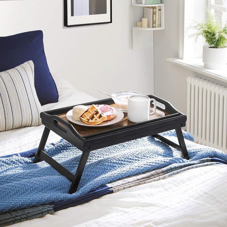 Birdrock Home Wood Bed Tray with Folding Legs Wide Breakfast Serving Tray Lap Desk with Sides and Handles Black