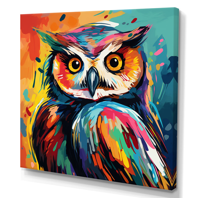 Chouette multicolore «Popart», art mural, Toile tendue, H 16 po x l 16 po x P 1 po