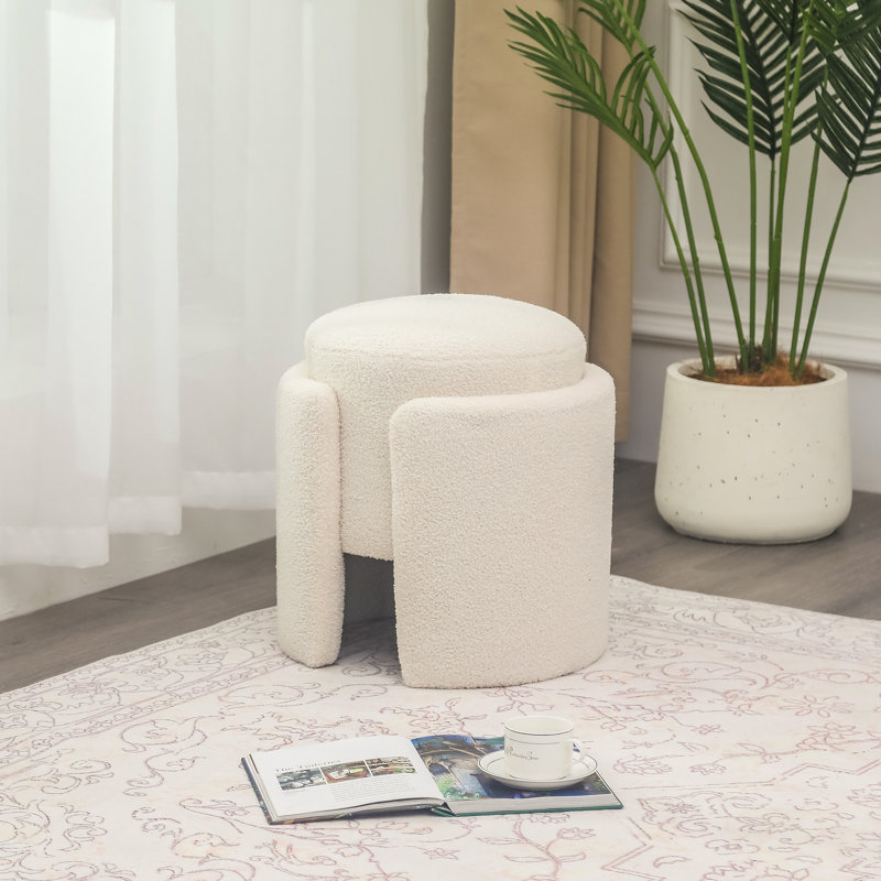 Nowata Teddy Fleece Boucle Upholstered Ottoman Stool, White