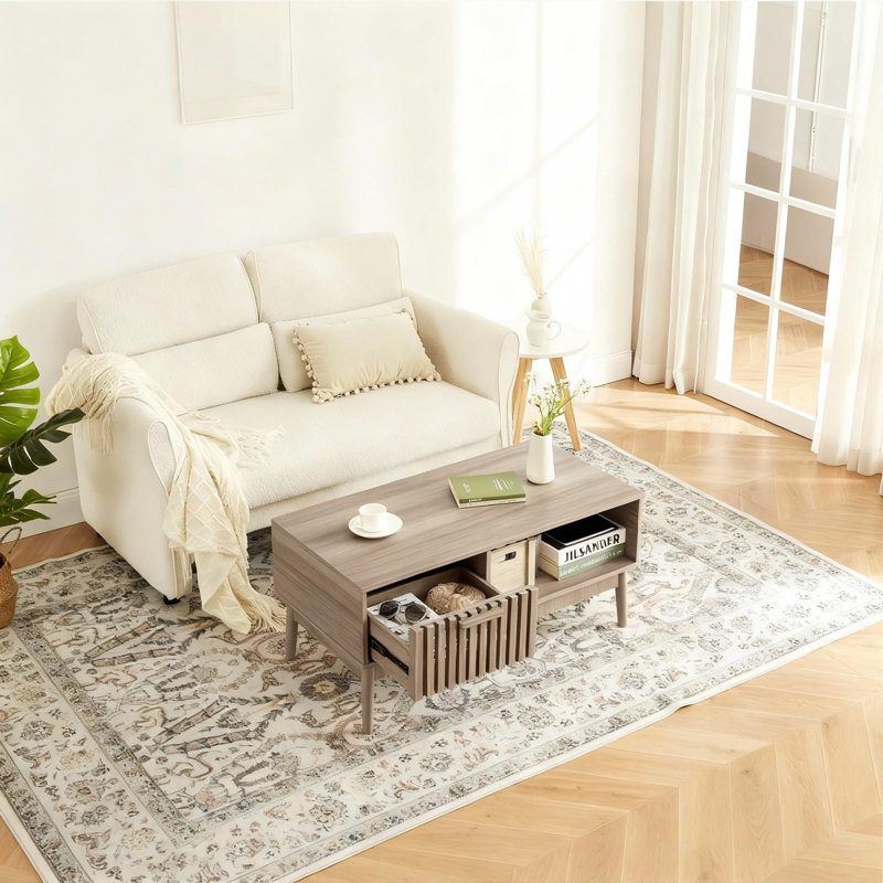 Table basse 39,4 "Modern Farmhouse avec rangement - Panneau de fibres à densité moyenne, grain de bois rustique, tiroir cannelé rustique et tablette ouverte