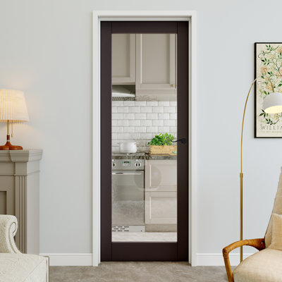 28" x 80" 1-Lite Black Clear Glass Interior Prehung Door with Curve Lever and Black Hinges, Clear Glass Door Slab, Sound-Dampening & Waterproof, Suit for Laundry, Closet Doors, Room Doors, Left Hand