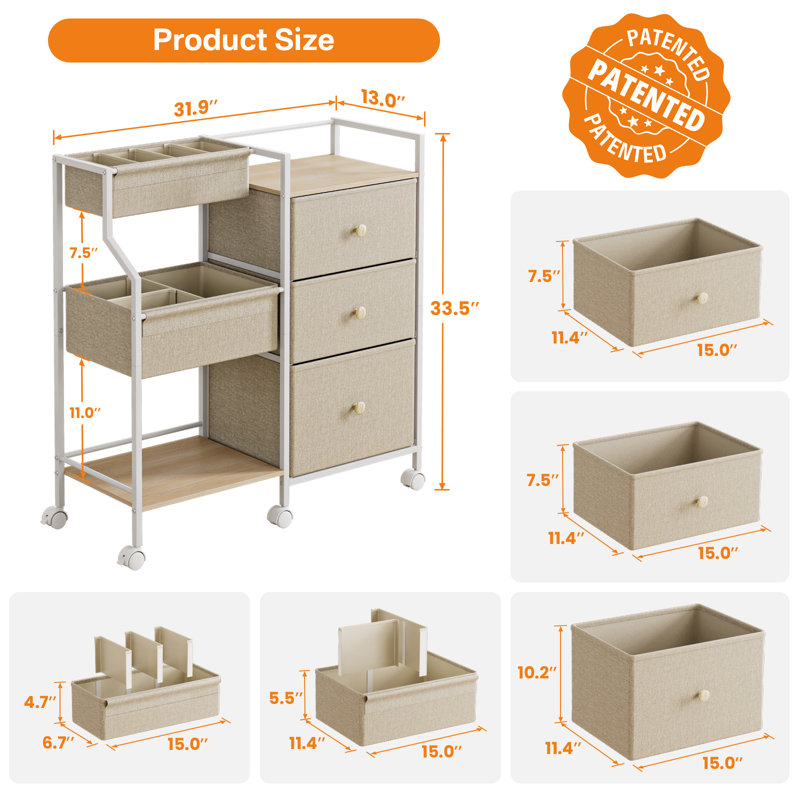 Baby Diaper Caddy Organizer and Storage - 3 Tier Rolling Cart with Dividers and Drawers, 13"D x 31.89"W x 33.5"H, Beige/White