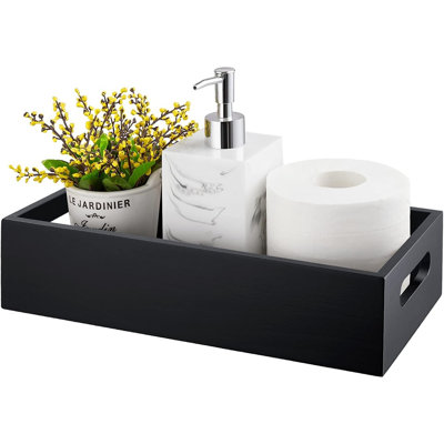 Panier de rangement noir pour salle de bain avec poignées, organisateur de réservoir de toilette en bois pour papier de toilette, articles de toilette et accessoires de salle de bain, poubelle décorative à poser sur le comptoir