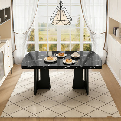 63-Inch Modern Faux Marble Dining Table With Geometric Legs For Home, Office, And Apartment Use.