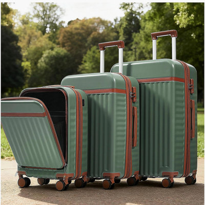 Luggage Set of 3, 20inch with USB Port, front opening design Airline Certified Carry on Luggage, ABS Hard Shell Luggage with Spinner Wheels,Green