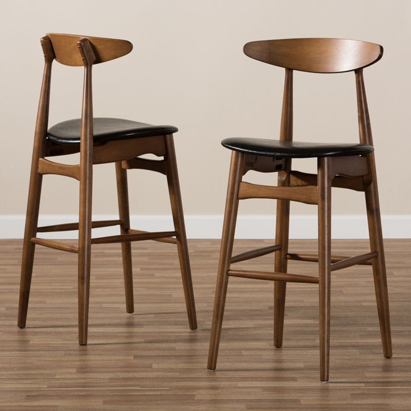 Set of 2 Baxton Studio Flora Mid-Century Modern Black Faux Leather Upholstered Walnut Finished Bar Stools