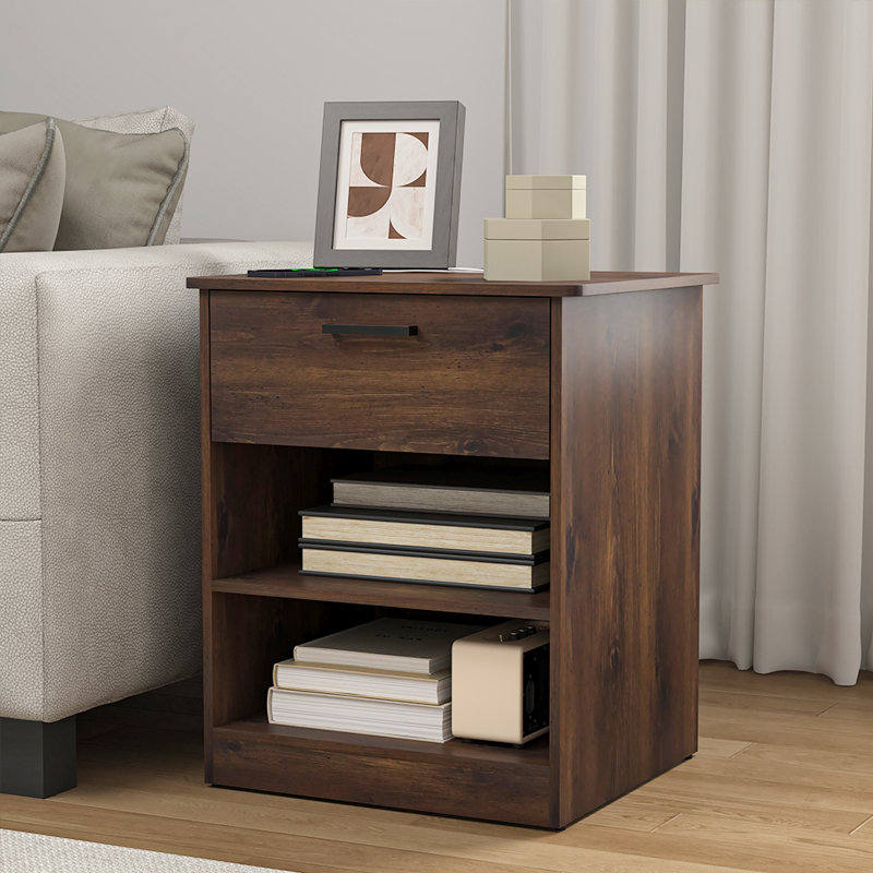 Wooden Nightstand Bedside Table With 1 Drawer And Shelves, End Table For Bedroom, Brown