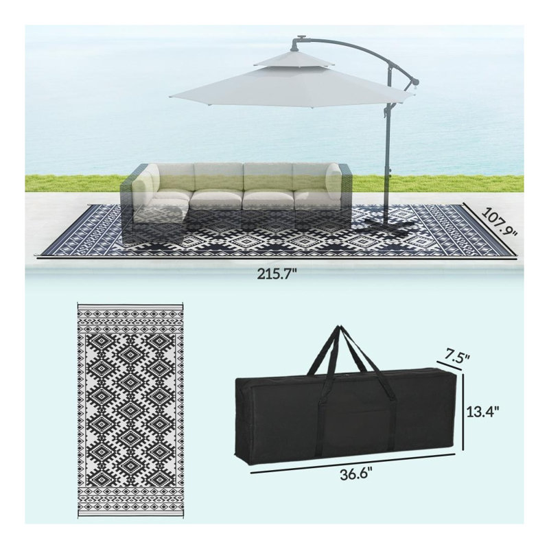 Tapis d'extérieur réversible en paille de plastique noir et blanc pour décoration de patio