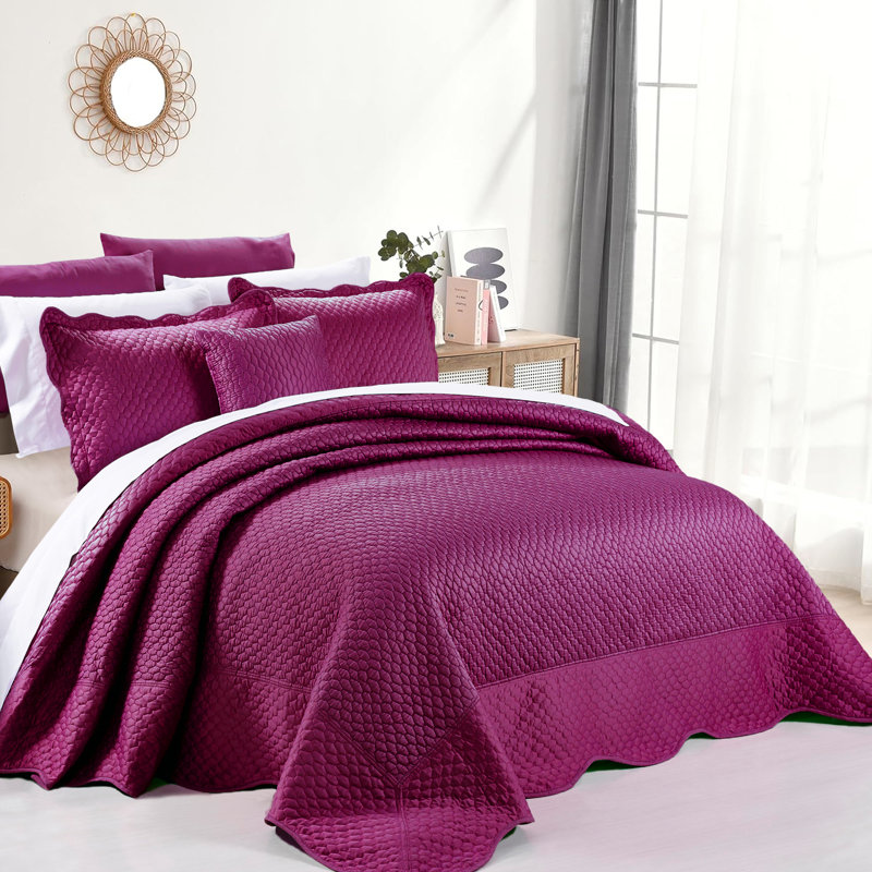 4 Piece Matte Satin Bedspread Set, Purple, Queen Comforter + 3 Additional Pieces