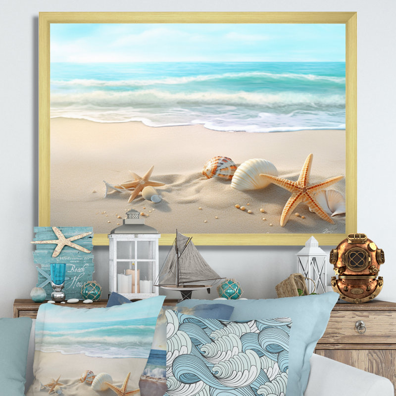 Étoile de mer et coquillages I - art mural moderne grande plage, H 12 po x l 20 po x P 1 po, Cadre doré