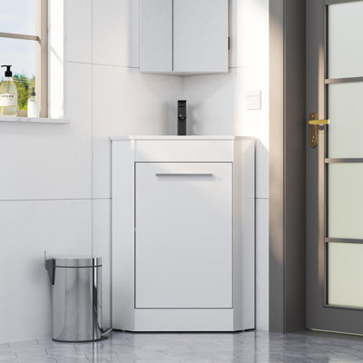 26" Corner Bathroom Vanity Sink Combo for Small Space Freestanding Storage Cabinet with White Resin Sink