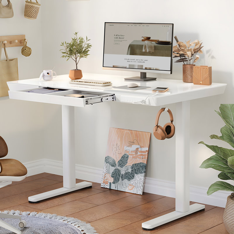 Tempered Glass Top Height Adjustable Standing Desk, Computer Desk with Drawer and USB Charge, 46.5" H x 48" W x 24" D, White