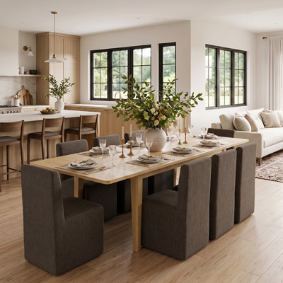 Ensemble de table de salle à manger extensible 72 "à 104" avec table en placage de bois véritable et chaises en mélange de lin