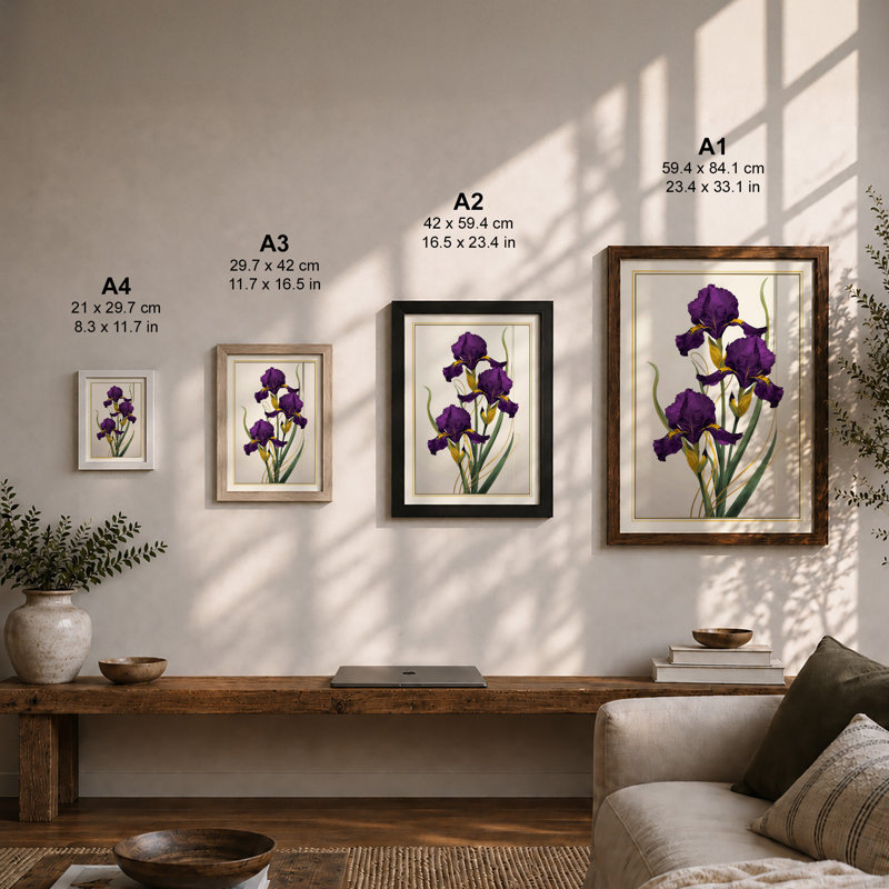 Three Purple Irises Botanical - Framed Print, A1 - 84.1 x 59.4 cm, Walnut