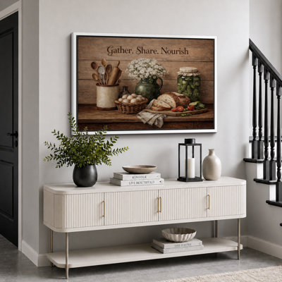 Gather Share Nourish Rustic Kitchen Still Life Artwork, Dining Room Pictures, Framed Canvas Giclee Print Wall Art