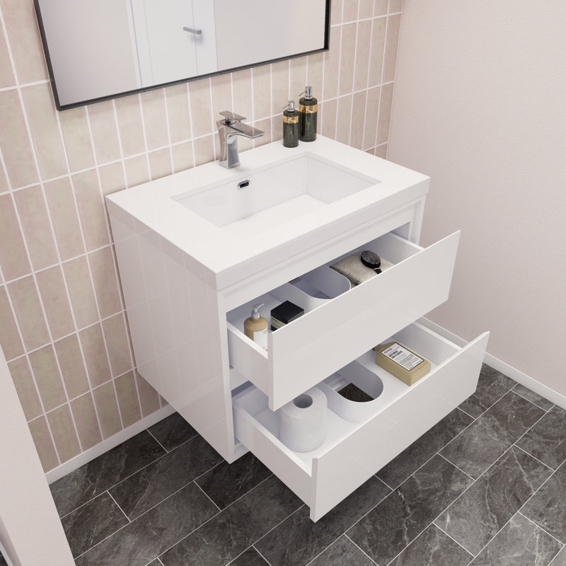 Azden 30" W Wall-Mounted Single Bathroom Vanity Set, High Gloss White