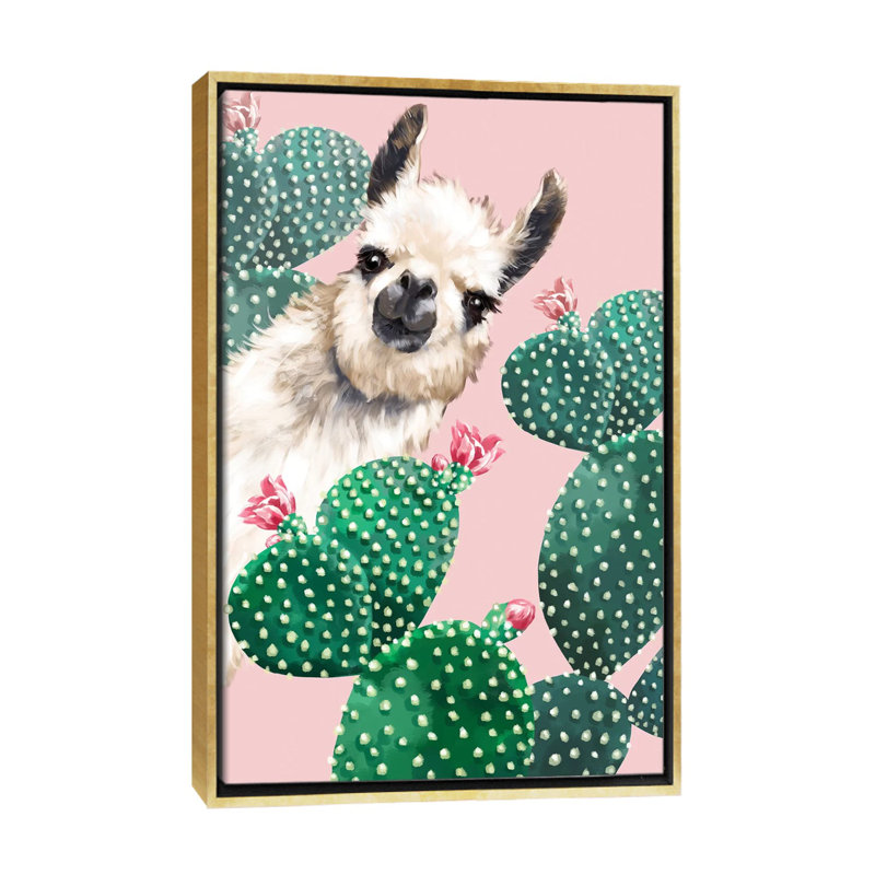 Art du lama et du cactus, Toile encadrée d'or, H 48 po x l 32 po x P 1,5 po