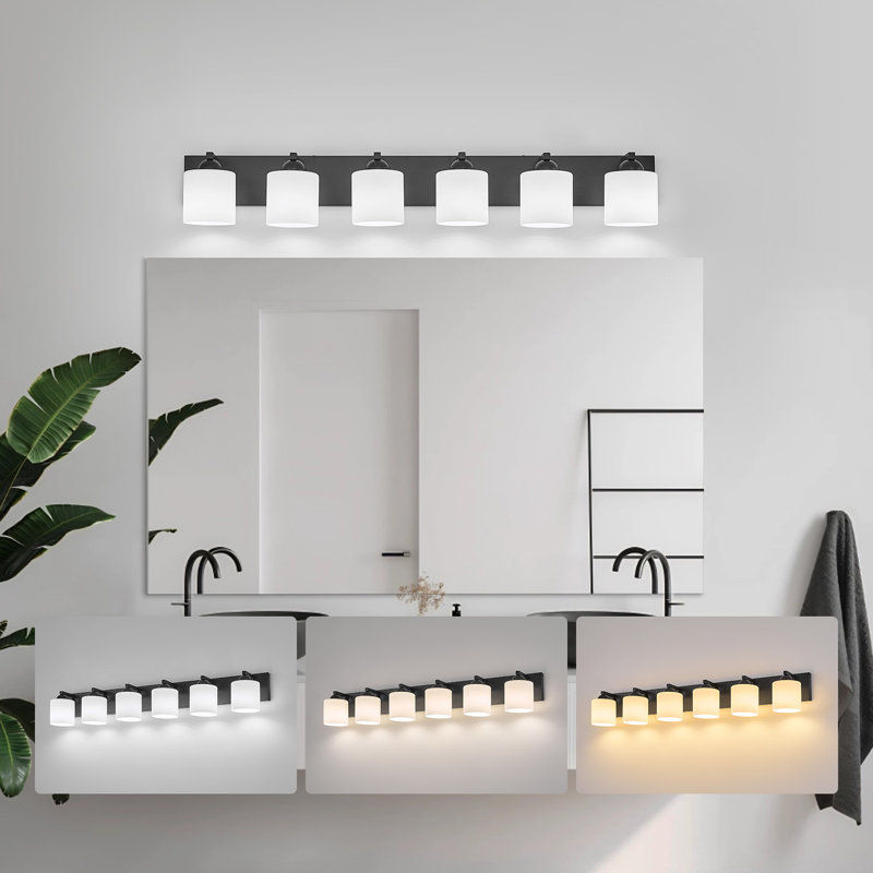 Luminaire de meuble-lavabo de salle de bain avec abat-jour en verre opale, Noir mat, 6, Verre opale