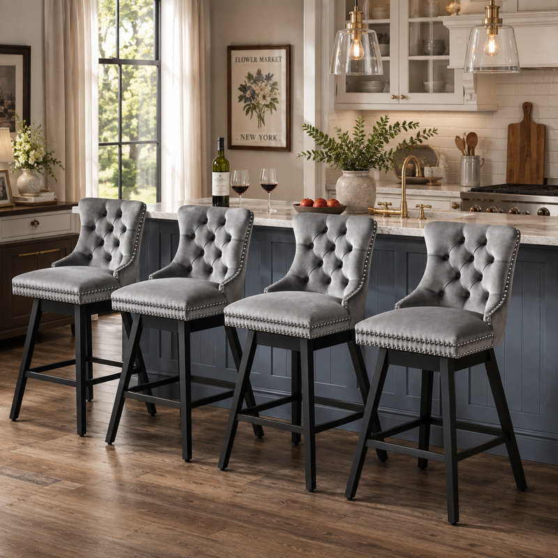 Counter Height Swivel Stools with Back, Upholstered Kitchen Island Chairs, Solid Wood Frame with Nailhead Trim, Set of 4