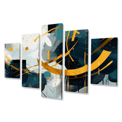 Gold Teal Shapes In Harmony - Abstrait, reproduction sur toile - 5 panneaux