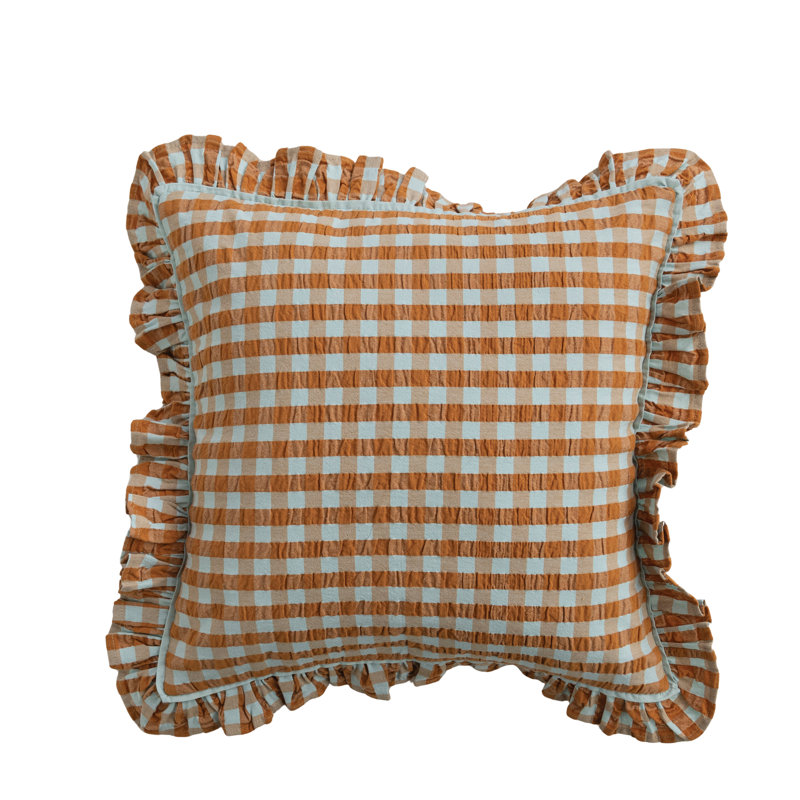Cotton Gingham Ruffle Pillow in Brown & White