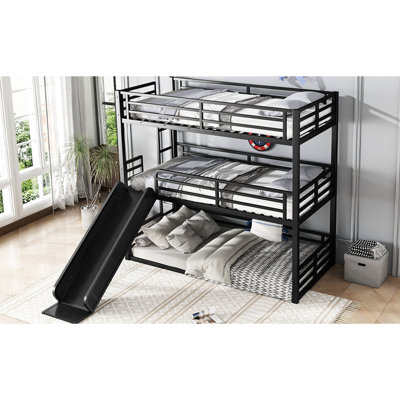 Lit superposé triple en métal noir avec mesures TG simples, glissade pour s'amuser, structure robuste, caractéristiques de réduction du bruit, garde-corps en format, finition, divertissement, utilisation familiale