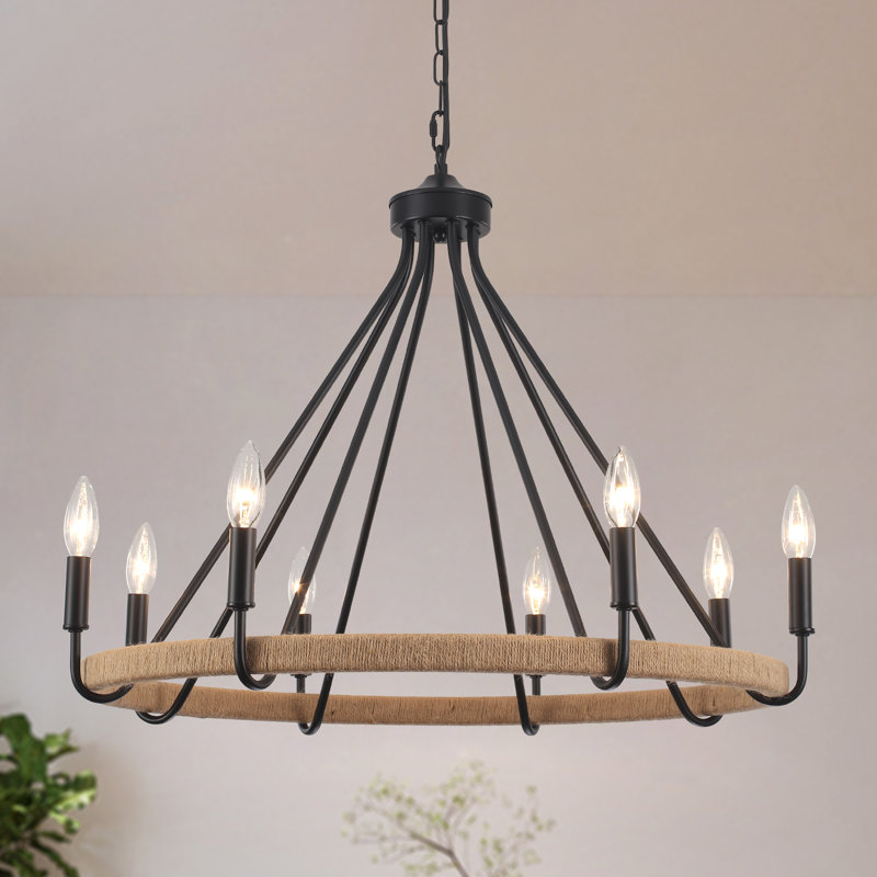 8-light Dimmable Wagon Wheel Rattan Chandelier, Matte Black, 8 Lights