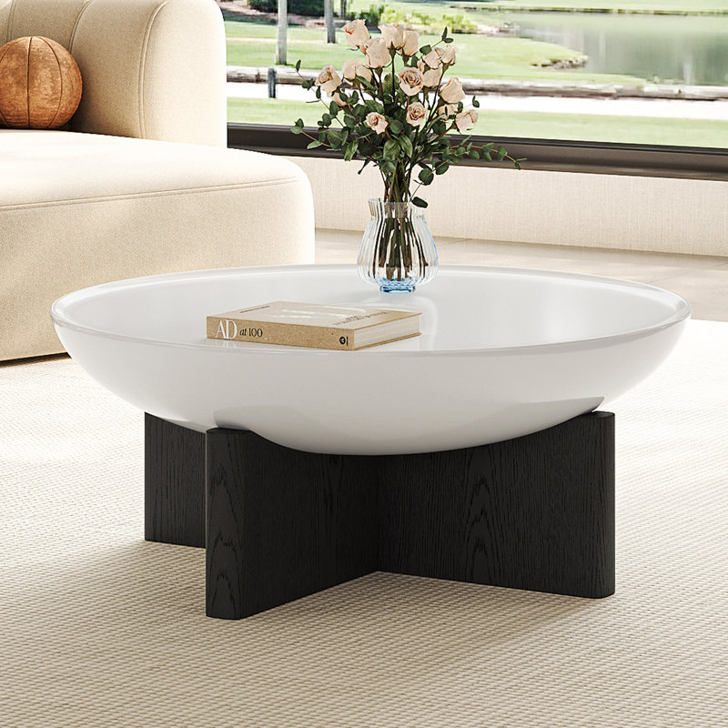35.4" Modern Round Coffee Table, White Table top with Black Wood Cross Base for Living Room