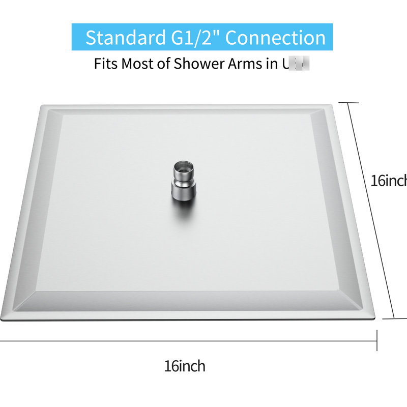 Douche carrée de 40 cm (16 po) - Acier inoxydable, haute pression, buses anti-obstruction, rotation à 360°, finition nickel brossé, pommeau de pluie 40 cm (16 po), acier inoxydable 304, réglable, revêtement anticorrosion