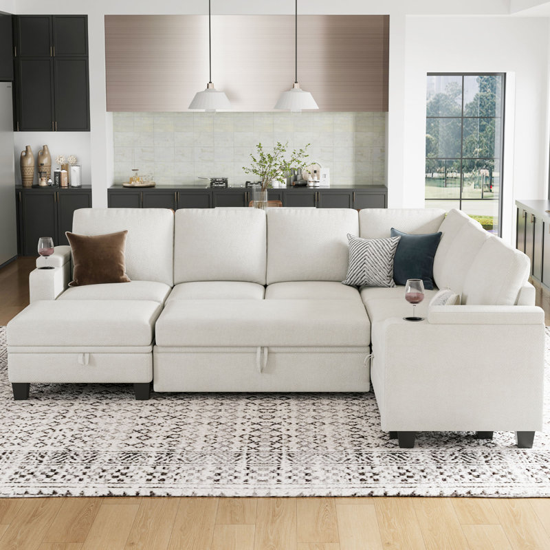 Penelopa Chenille U-Shaped Sofa Bed Storage Modular Sofa Bed With Ottoman & Cup Holder, Beige Chenille