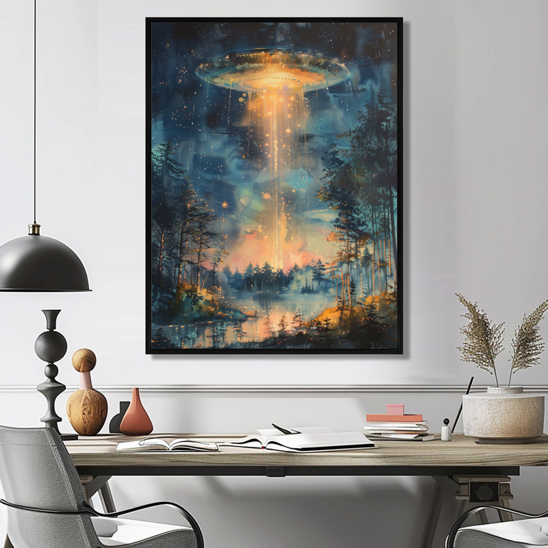 Jaune et rose Stellar Ufos - Art mural Ufos, Cadre flottant noir, bois massif, H 34 po x l 44 po