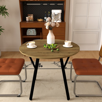 Table de salle à manger moderne, ronde de 35,36 po, brune avec pieds en métal noir, convient pour 2 à 4 personnes, petite cuisine ronde de 35,36 po, chic pour 2 à 4 personnes