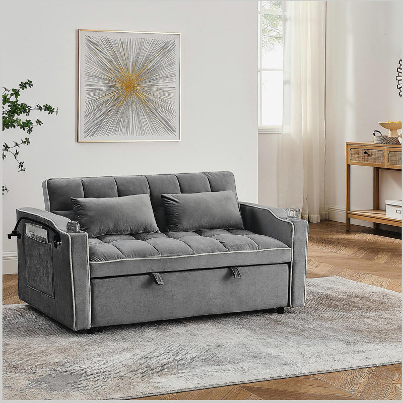 Canapé-lit pliable polyvalent de 55,51 pouces en 3 longueurs, canapé-lit moderne en velours coulissant, dossier réglable et avec port USB, cendrier et support pour téléphone pivotant (gris)