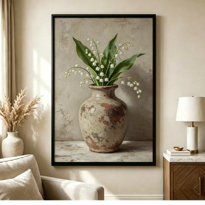 24 po x 36 po, art mural encadré noir sur fond de muguet dans un vase rustique, style peinture de nature morte. Impression sur toile pour le salon, la chambre à coucher