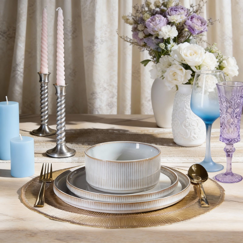 Service de table 12 pièces en grès pour 4 assiettes et bols résistants aux ébréchures et aux égratignures