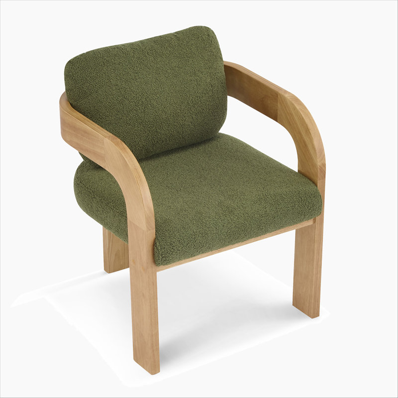 Ensemble de 2 chaises de salle à manger avec dossier coussiné, tissu bouclé vert, structure en bois massif de couleur naturelle