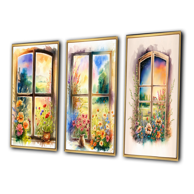 Été coucher de soleil floral fenêtre - ensemble de 3 fenêtres d'art de ferme, Cadre flottant doré, H 40 po x l 60 po
