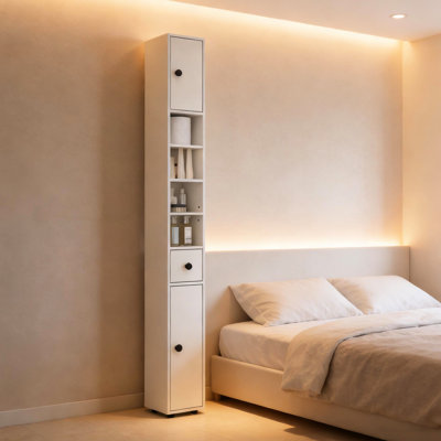 Armoire de rangement mince avec tiroir et tablette ouverte